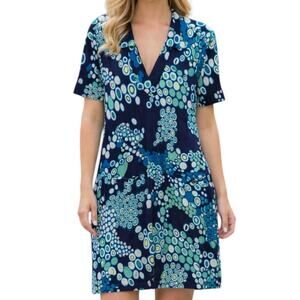Tori Richard Retro Dotted Collared Knit Dress Womens Medium Blue Pocket Mini